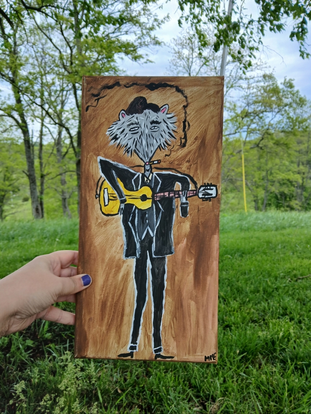 Possum Playing Guitar Painting Folk Art
